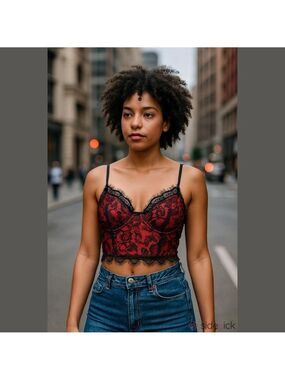 Romwe Women’s Large Red Black Lace Bustier Crop Top Underwire Sheer Mesh adjust